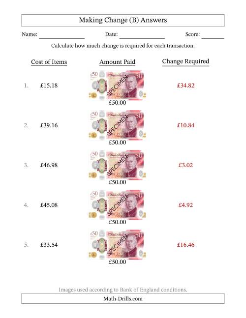 The Making Change from Bank of England Fifty Pound Banknotes (B) Math Worksheet Page 2