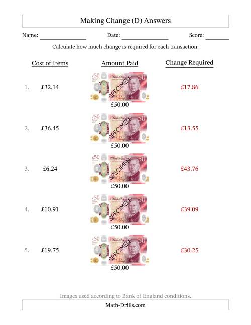 The Making Change from Bank of England Fifty Pound Banknotes (D) Math Worksheet Page 2