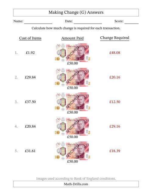 The Making Change from Bank of England Fifty Pound Banknotes (G) Math Worksheet Page 2