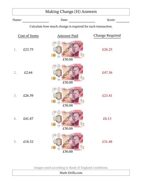 The Making Change from Bank of England Fifty Pound Banknotes (H) Math Worksheet Page 2