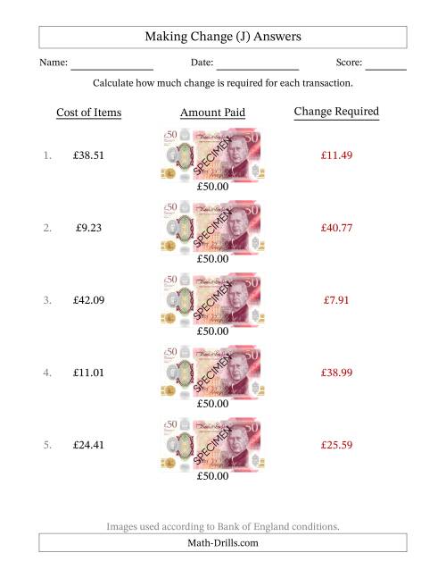 The Making Change from Bank of England Fifty Pound Banknotes (J) Math Worksheet Page 2