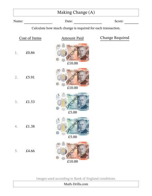 The Making Change from Bank of England Banknotes up to Ten Pounds (A) Math Worksheet