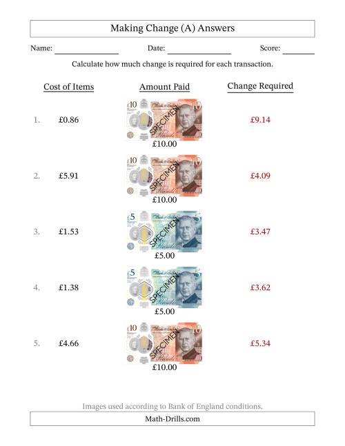 The Making Change from Bank of England Banknotes up to Ten Pounds (A) Math Worksheet Page 2