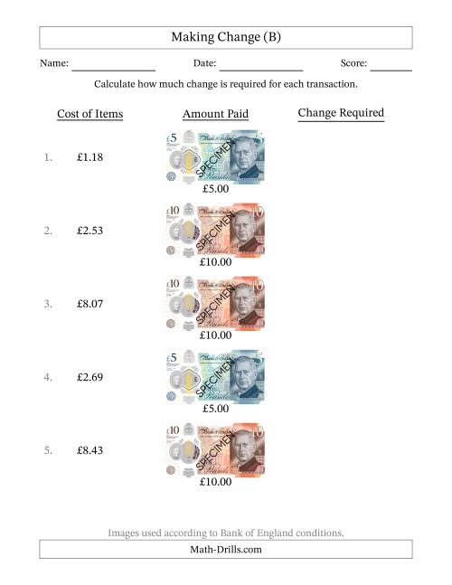 The Making Change from Bank of England Banknotes up to Ten Pounds (B) Math Worksheet