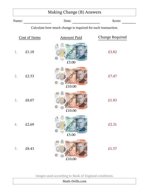 The Making Change from Bank of England Banknotes up to Ten Pounds (B) Math Worksheet Page 2