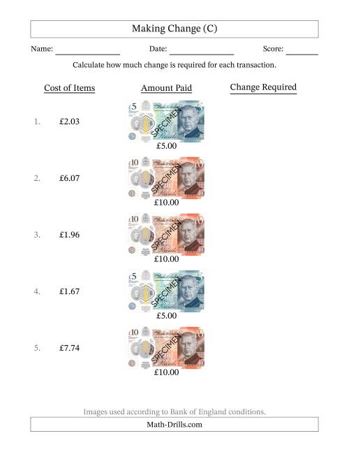 The Making Change from Bank of England Banknotes up to Ten Pounds (C) Math Worksheet