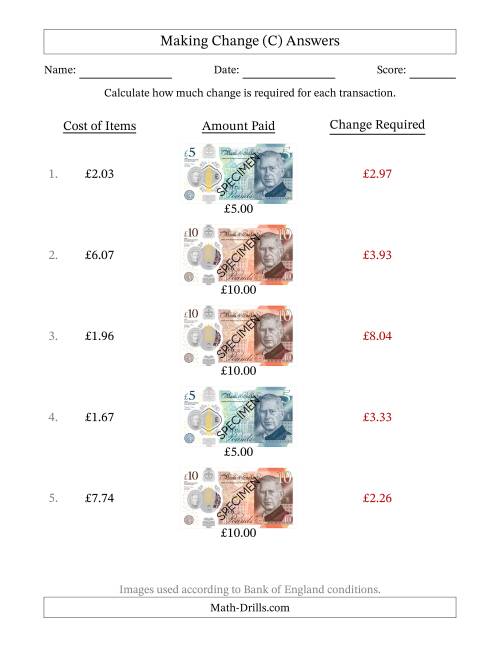 The Making Change from Bank of England Banknotes up to Ten Pounds (C) Math Worksheet Page 2