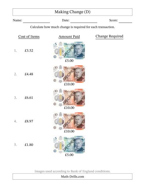 The Making Change from Bank of England Banknotes up to Ten Pounds (D) Math Worksheet