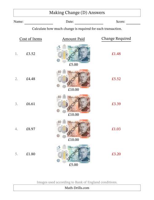 The Making Change from Bank of England Banknotes up to Ten Pounds (D) Math Worksheet Page 2