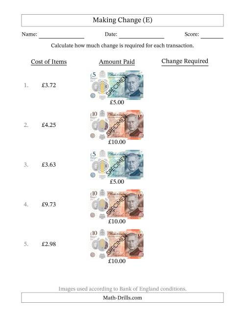 The Making Change from Bank of England Banknotes up to Ten Pounds (E) Math Worksheet