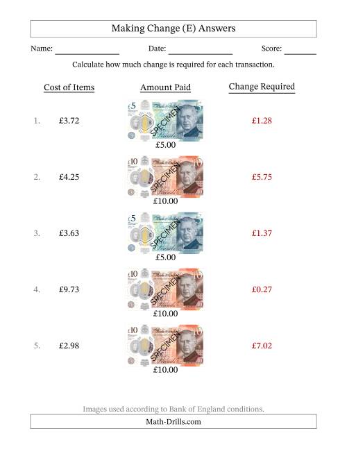 The Making Change from Bank of England Banknotes up to Ten Pounds (E) Math Worksheet Page 2