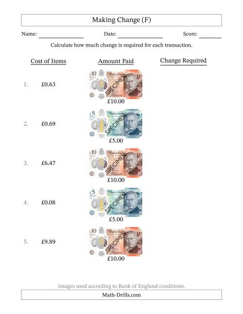 The Making Change from Bank of England Banknotes up to Ten Pounds (F) Math Worksheet