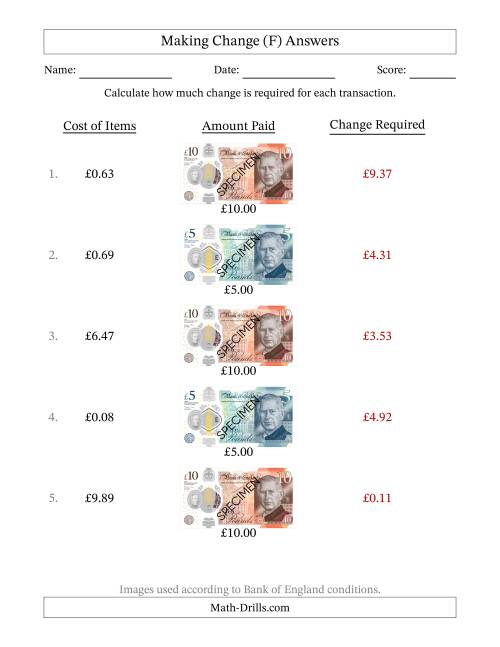 The Making Change from Bank of England Banknotes up to Ten Pounds (F) Math Worksheet Page 2