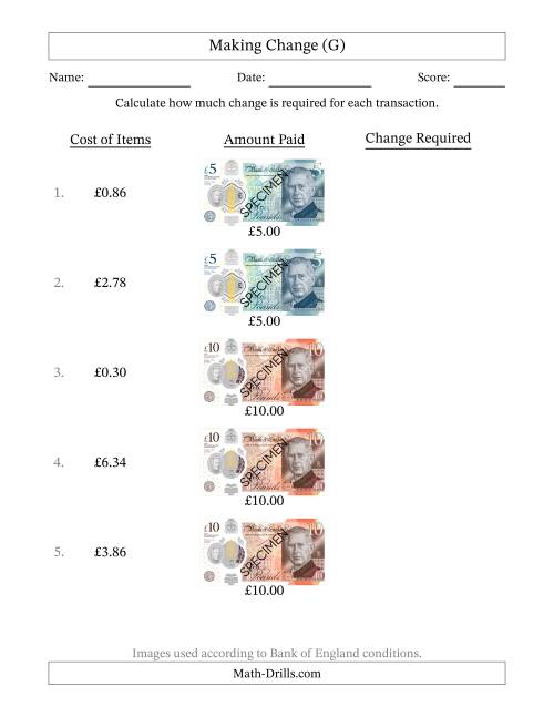 The Making Change from Bank of England Banknotes up to Ten Pounds (G) Math Worksheet