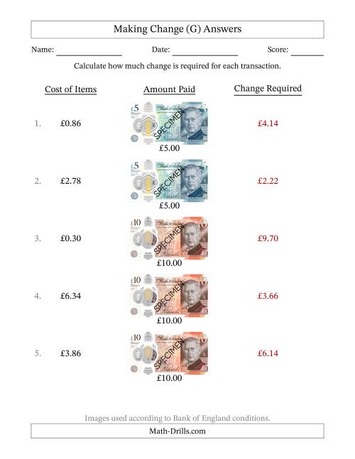 The Making Change from Bank of England Banknotes up to Ten Pounds (G) Math Worksheet Page 2