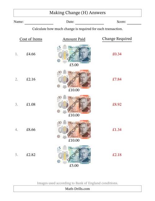 The Making Change from Bank of England Banknotes up to Ten Pounds (H) Math Worksheet Page 2