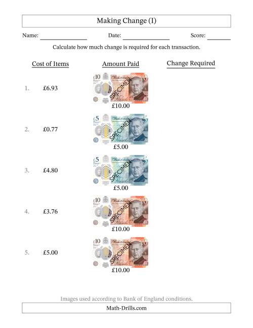 The Making Change from Bank of England Banknotes up to Ten Pounds (I) Math Worksheet