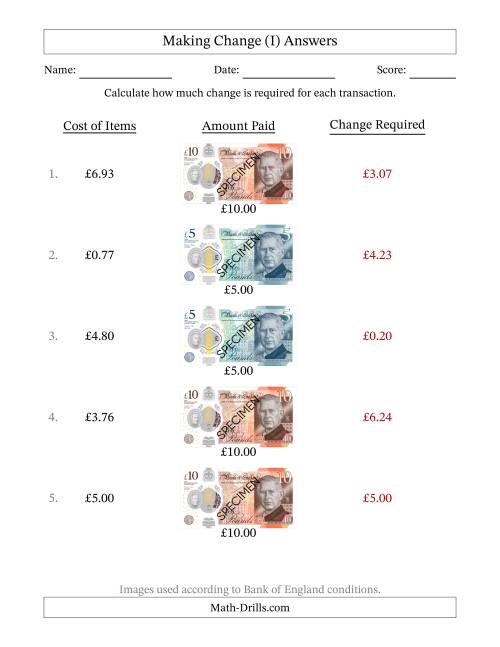 The Making Change from Bank of England Banknotes up to Ten Pounds (I) Math Worksheet Page 2