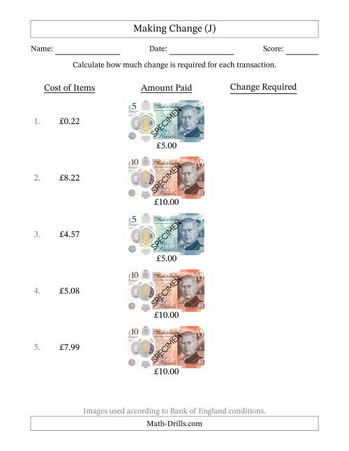 The Making Change from Bank of England Banknotes up to Ten Pounds (J) Math Worksheet