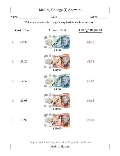 The Making Change from Bank of England Banknotes up to Ten Pounds (J) Math Worksheet Page 2