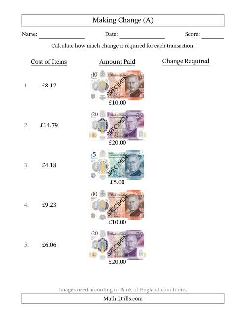 The Making Change from Bank of England Banknotes up to Twenty Pounds (A) Math Worksheet