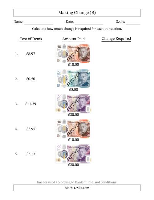 The Making Change from Bank of England Banknotes up to Twenty Pounds (B) Math Worksheet