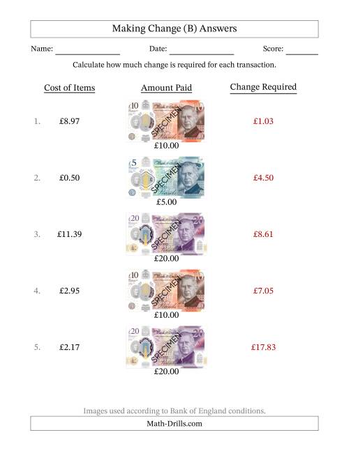 The Making Change from Bank of England Banknotes up to Twenty Pounds (B) Math Worksheet Page 2