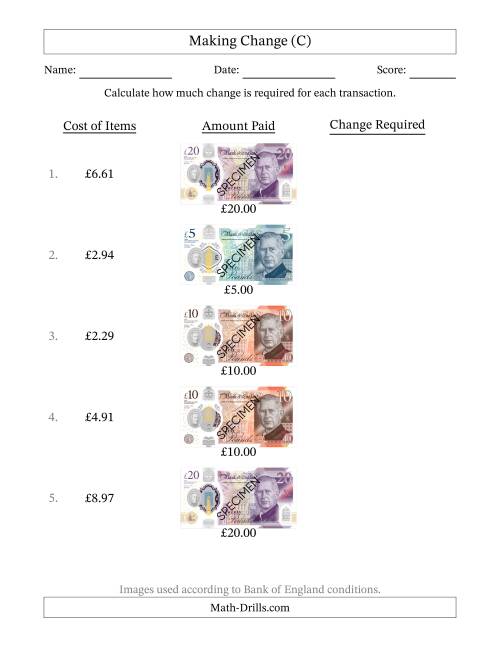 The Making Change from Bank of England Banknotes up to Twenty Pounds (C) Math Worksheet