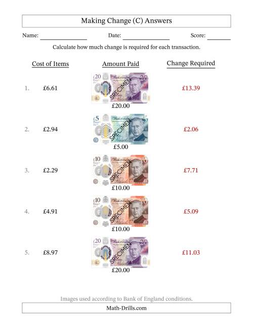 The Making Change from Bank of England Banknotes up to Twenty Pounds (C) Math Worksheet Page 2