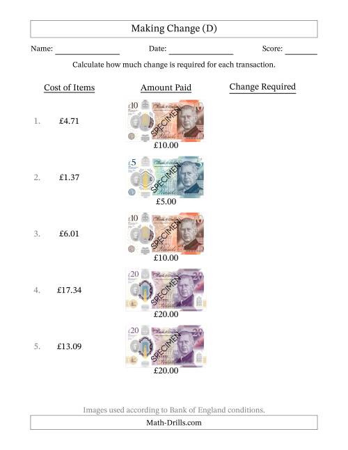 The Making Change from Bank of England Banknotes up to Twenty Pounds (D) Math Worksheet