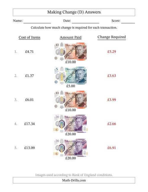 The Making Change from Bank of England Banknotes up to Twenty Pounds (D) Math Worksheet Page 2