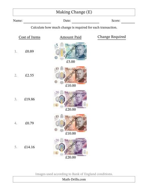 The Making Change from Bank of England Banknotes up to Twenty Pounds (E) Math Worksheet