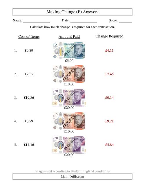 The Making Change from Bank of England Banknotes up to Twenty Pounds (E) Math Worksheet Page 2