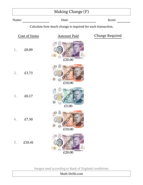 The Making Change from Bank of England Banknotes up to Twenty Pounds (F) Math Worksheet