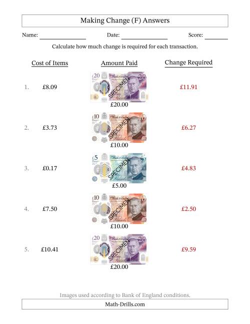 The Making Change from Bank of England Banknotes up to Twenty Pounds (F) Math Worksheet Page 2