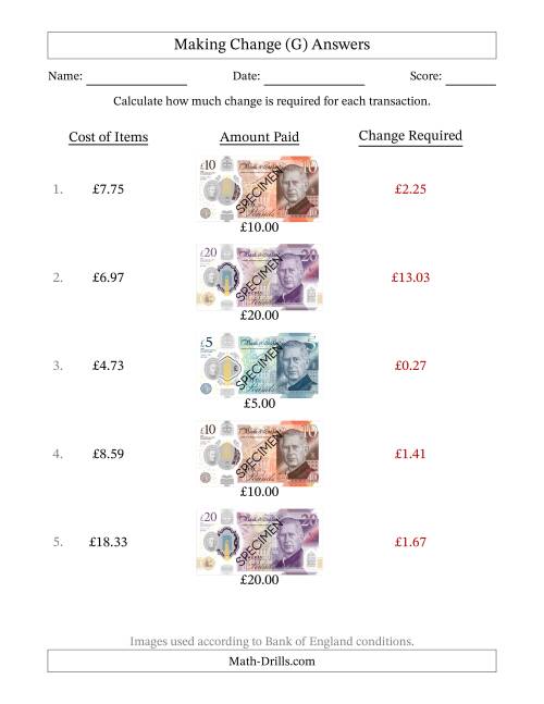 The Making Change from Bank of England Banknotes up to Twenty Pounds (G) Math Worksheet Page 2