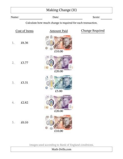 The Making Change from Bank of England Banknotes up to Twenty Pounds (H) Math Worksheet