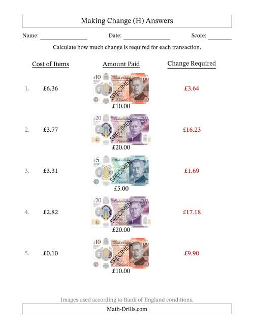 The Making Change from Bank of England Banknotes up to Twenty Pounds (H) Math Worksheet Page 2