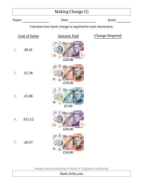 The Making Change from Bank of England Banknotes up to Twenty Pounds (I) Math Worksheet