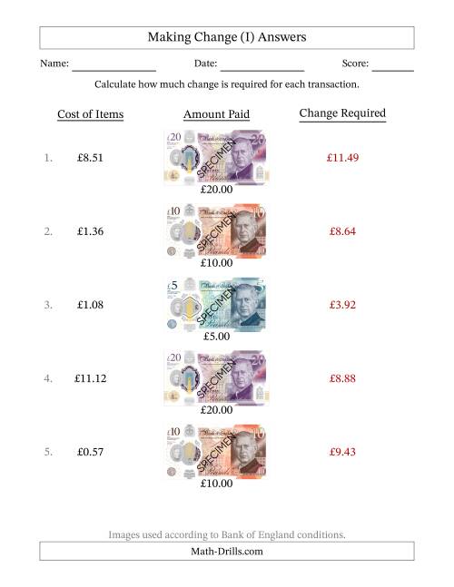 The Making Change from Bank of England Banknotes up to Twenty Pounds (I) Math Worksheet Page 2