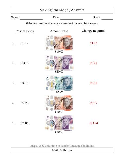 The Making Change from Bank of England Banknotes up to Twenty Pounds (All) Math Worksheet Page 2