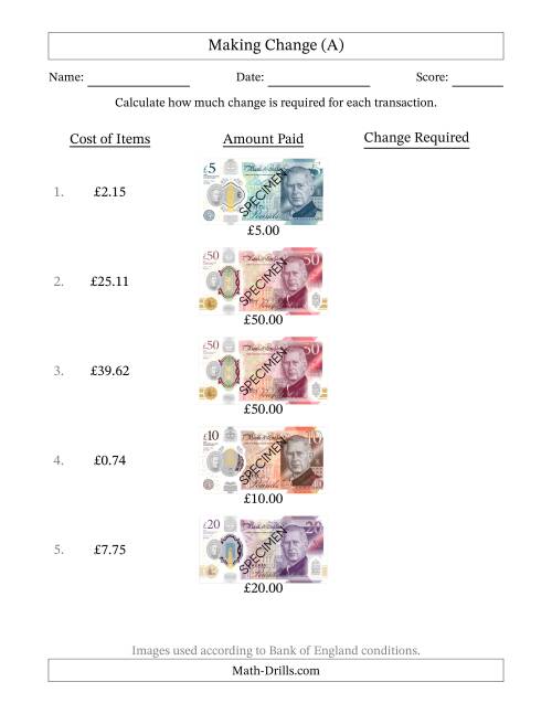 The Making Change from Bank of England Banknotes up to Fifty Pounds (A) Math Worksheet