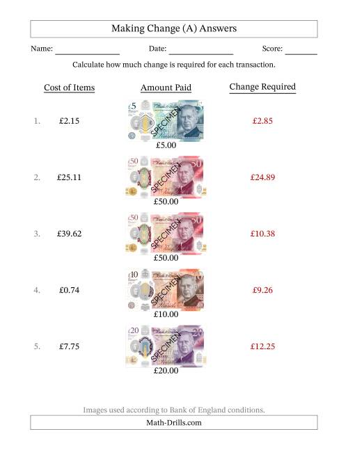 The Making Change from Bank of England Banknotes up to Fifty Pounds (A) Math Worksheet Page 2