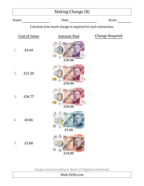 The Making Change from Bank of England Banknotes up to Fifty Pounds (B) Math Worksheet