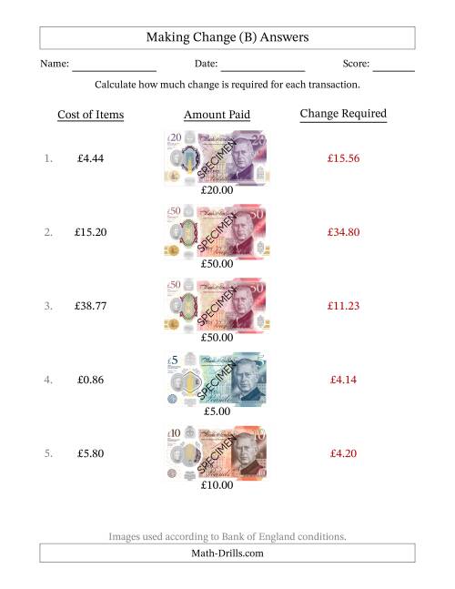 The Making Change from Bank of England Banknotes up to Fifty Pounds (B) Math Worksheet Page 2