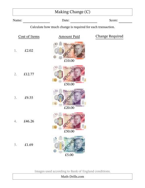 The Making Change from Bank of England Banknotes up to Fifty Pounds (C) Math Worksheet