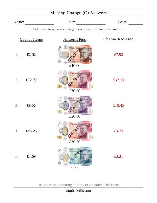 The Making Change from Bank of England Banknotes up to Fifty Pounds (C) Math Worksheet Page 2