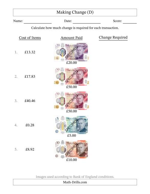 The Making Change from Bank of England Banknotes up to Fifty Pounds (D) Math Worksheet