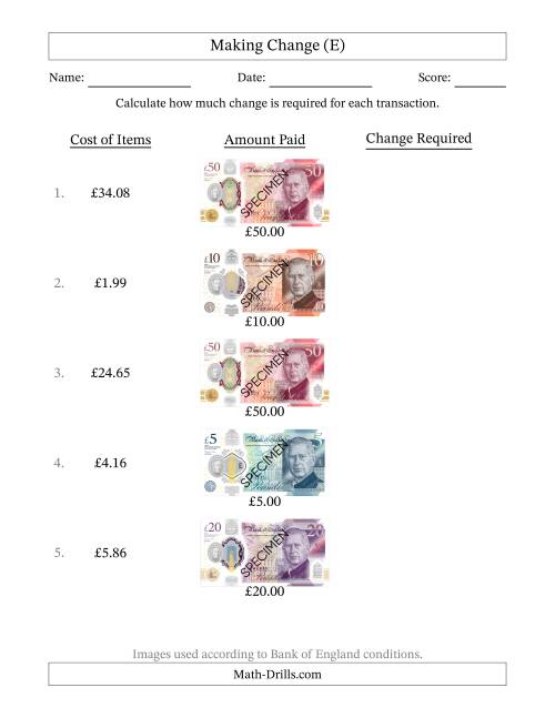 The Making Change from Bank of England Banknotes up to Fifty Pounds (E) Math Worksheet