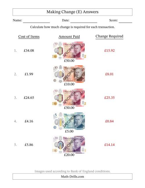 The Making Change from Bank of England Banknotes up to Fifty Pounds (E) Math Worksheet Page 2